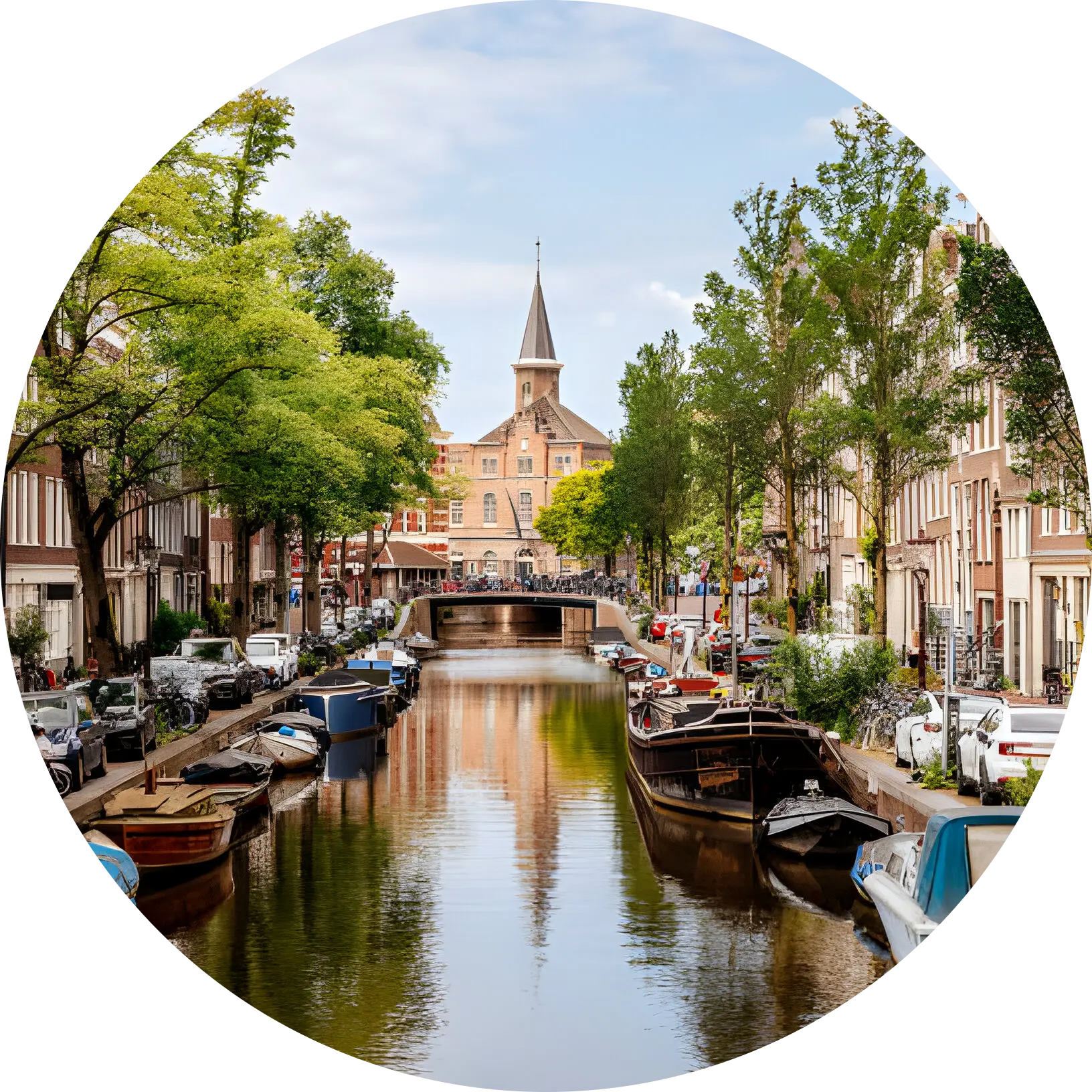 a group of boats floating on top of a river next to tall buildings in Amsterdam