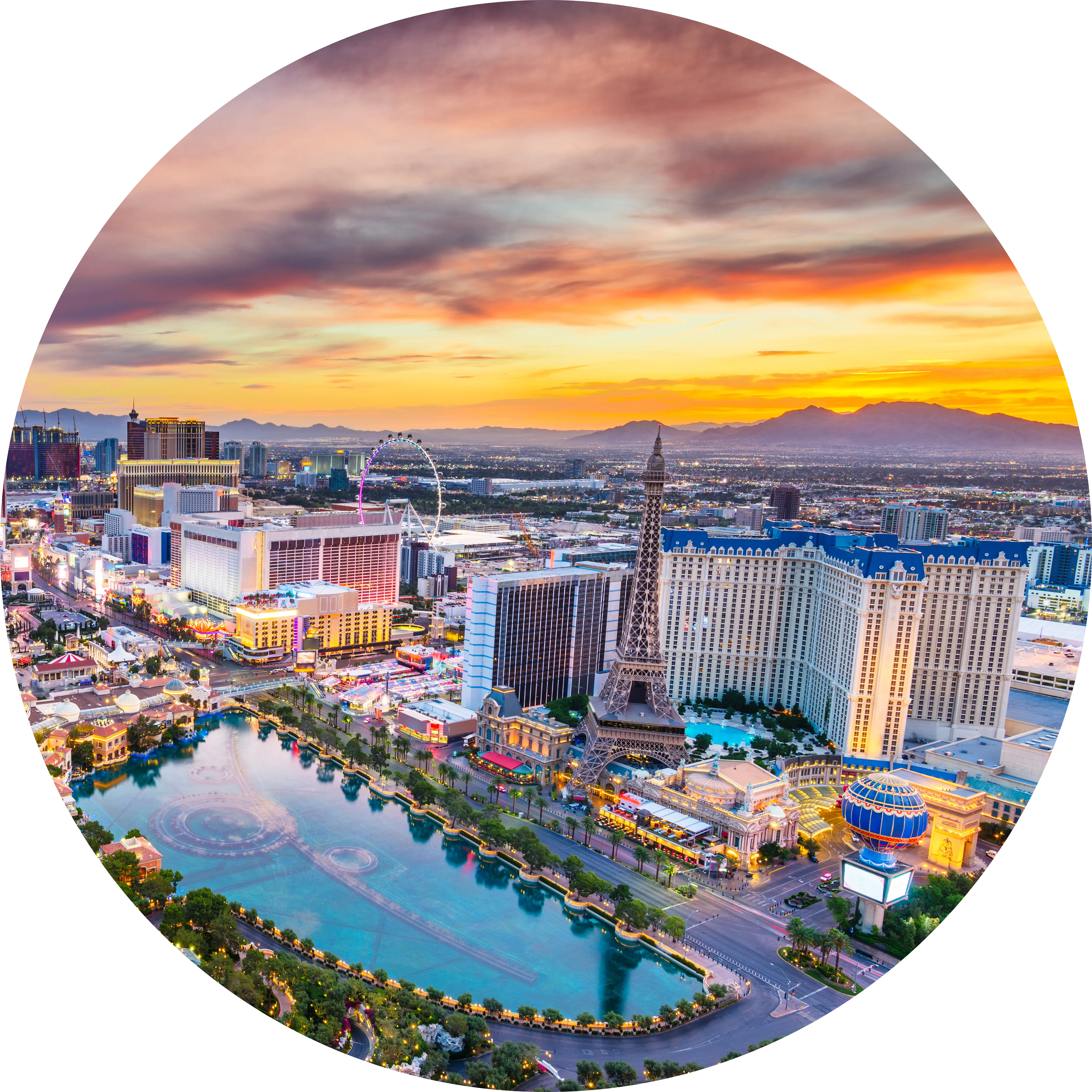 Las Vegas with a fountain in the middle of it